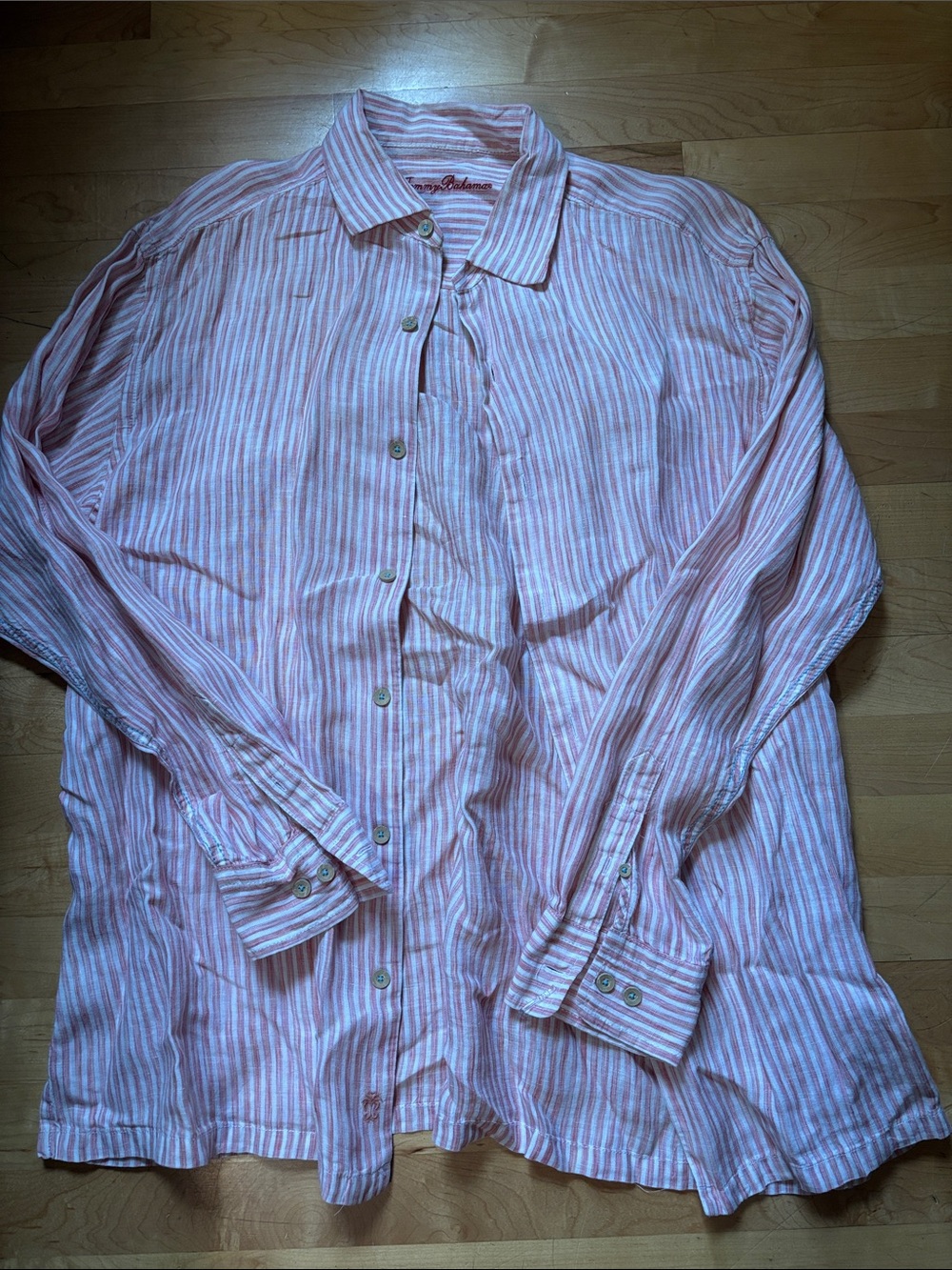 Tommy Bahama, red and white striped linen shirt size large